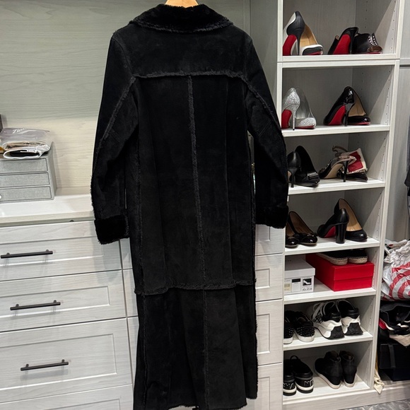 Express - Full-Length Black Suede/Leather with Black Faux Fur-Trimmed Coat - L - Picture 5 of 8
